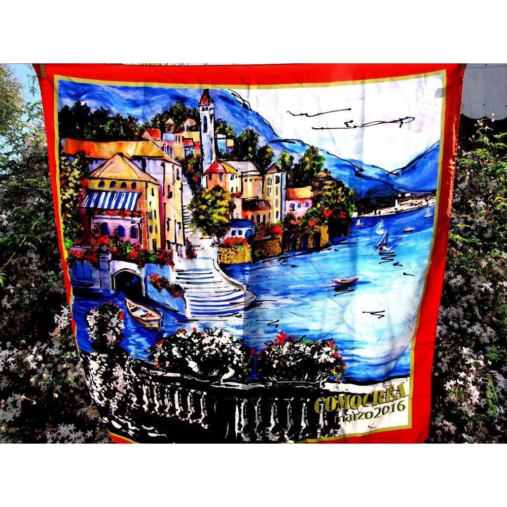 100% Silk Scarf Souvenir from Comocrea Marzo 2016 Italy Coastal Village Scene